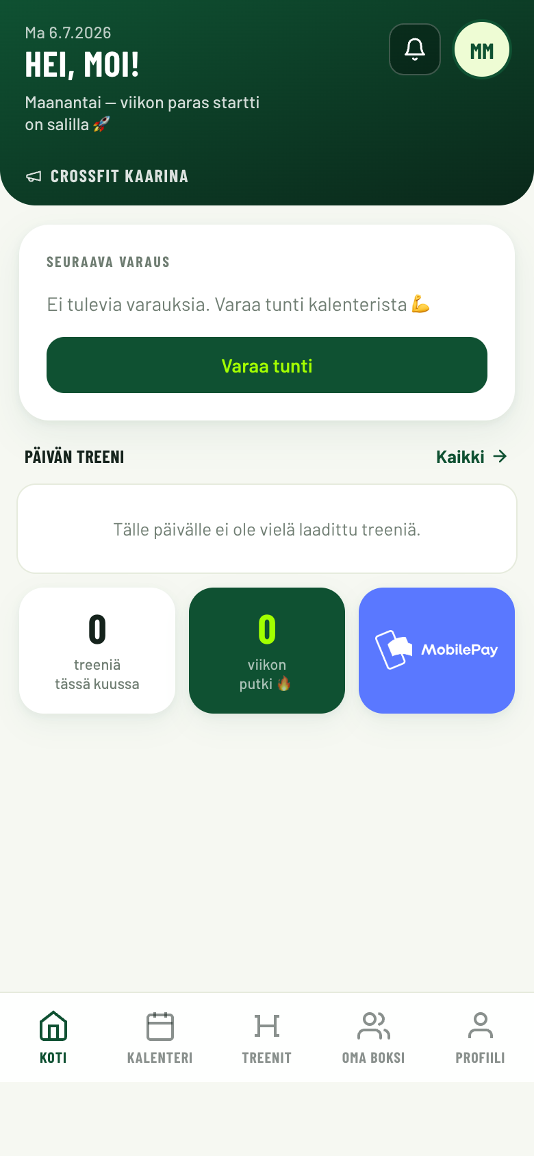 Koti — seuraava varaus ja päivän treeni