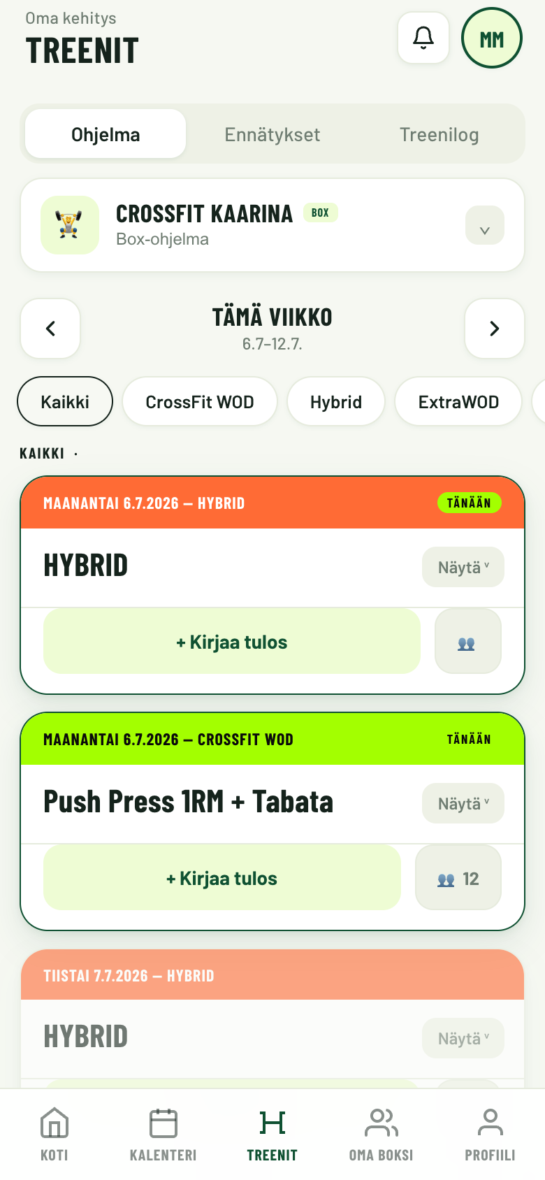 Treenit — viikon ohjelma ja tuloskirjaus